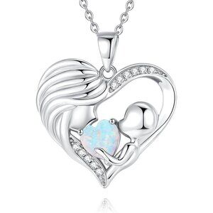 Sterling Silver Mom & Child Heart Necklace with October Opal Birthstone, 18-inch